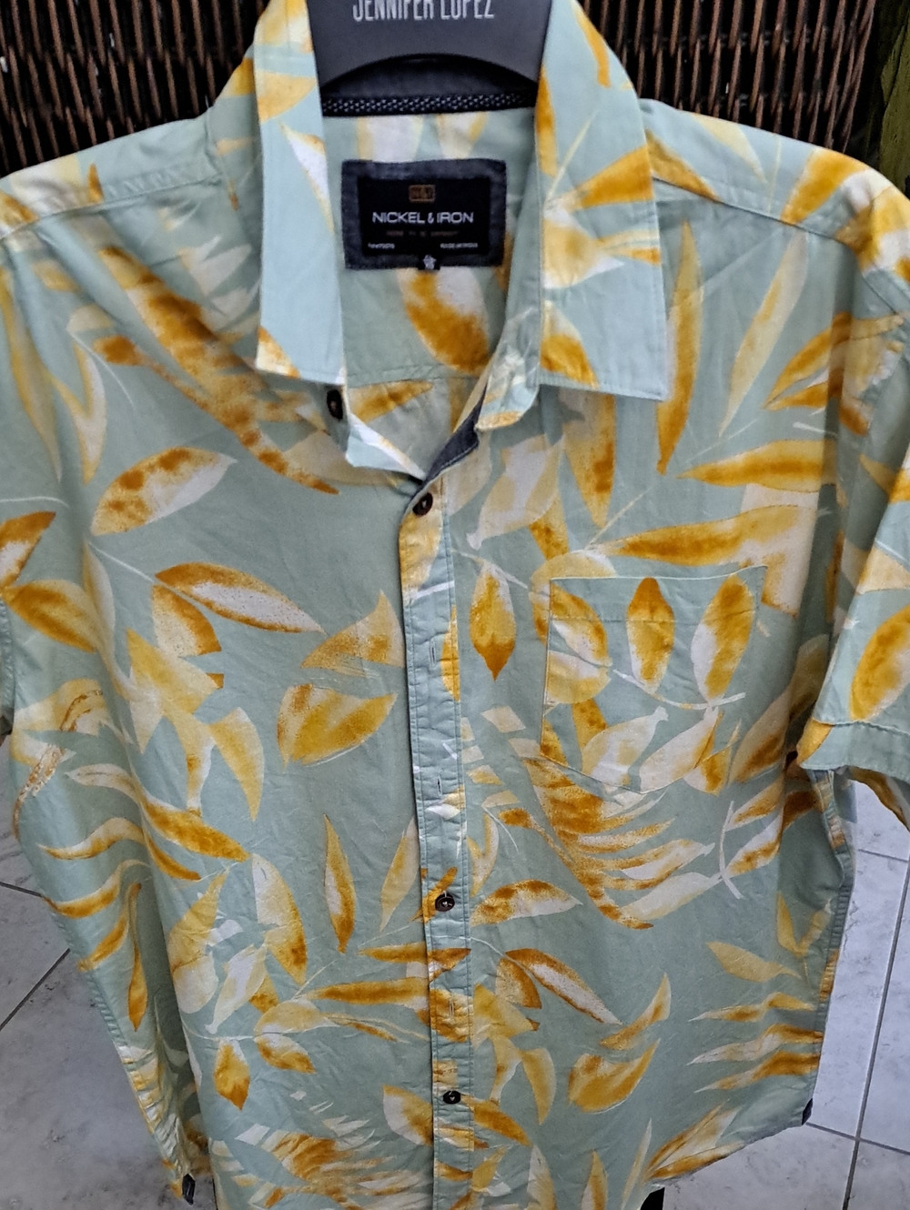 Men's Sage Green Short-Sleeve Button-Down with Mustard Leaf Print